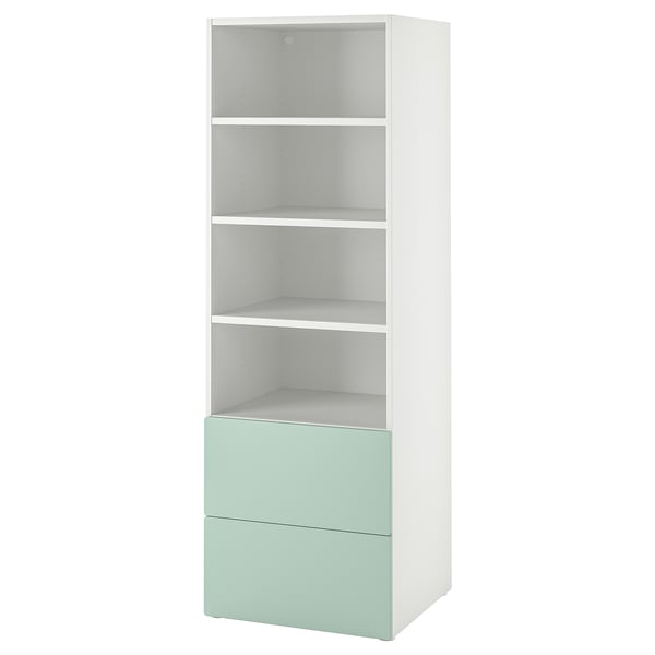 A white and mint green SMÅSTAD bookcase with shelves and drawers for storage.