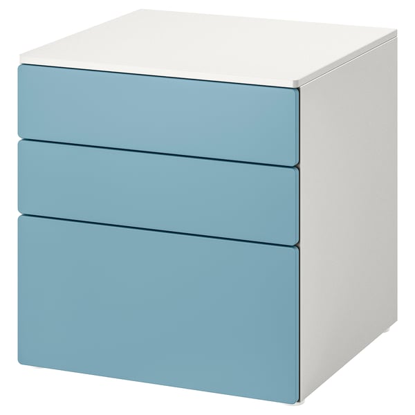 Small white cubic storage unit with 3 light blue drawers.