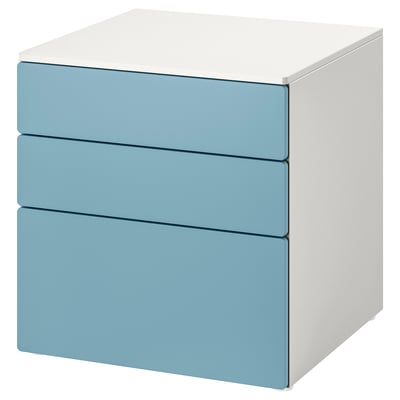 Small white cubic storage unit with 3 light blue drawers.