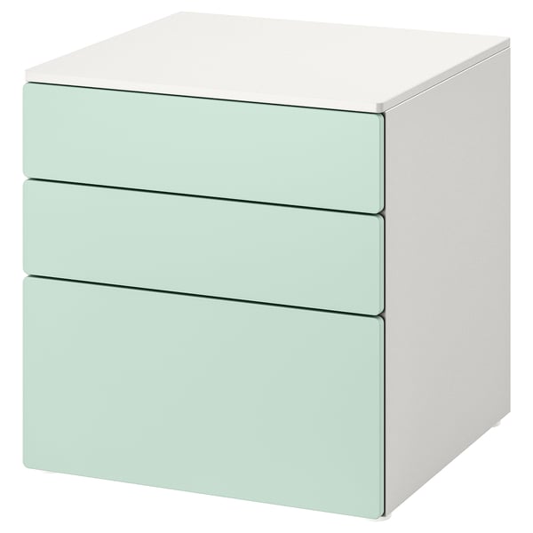 Ikea SMÅSTAD light green 3-drawer chest, square-shaped, smooth finish.