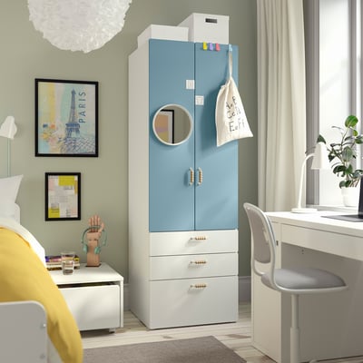 SMÅSTAD / PLATSA Wardrobe, white blue/with 3 drawers, 60x57x181 cm