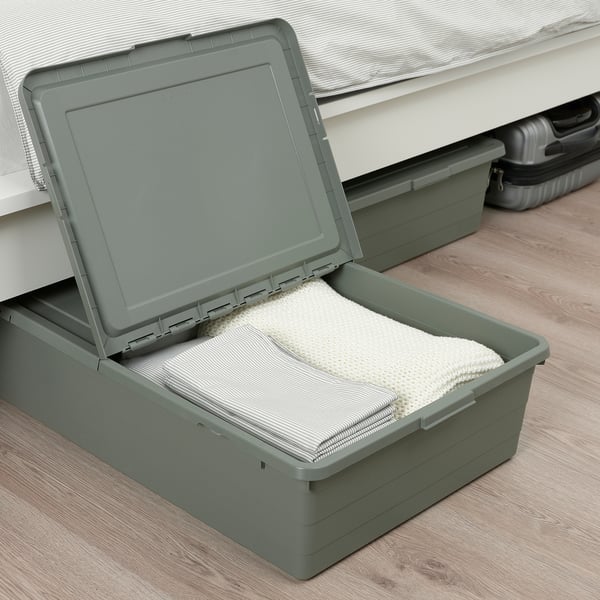 SOCKERBIT Storage box with lid, grey-green, 50x77x19 cm