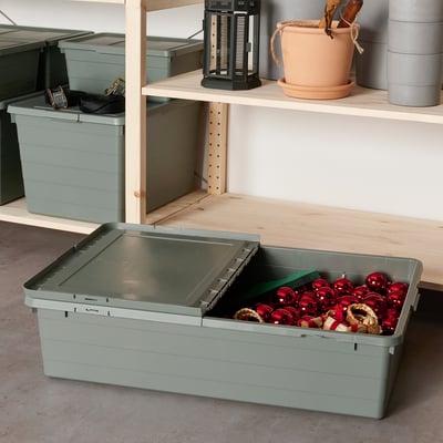 SOCKERBIT Storage box with lid, grey-green, 50x77x19 cm