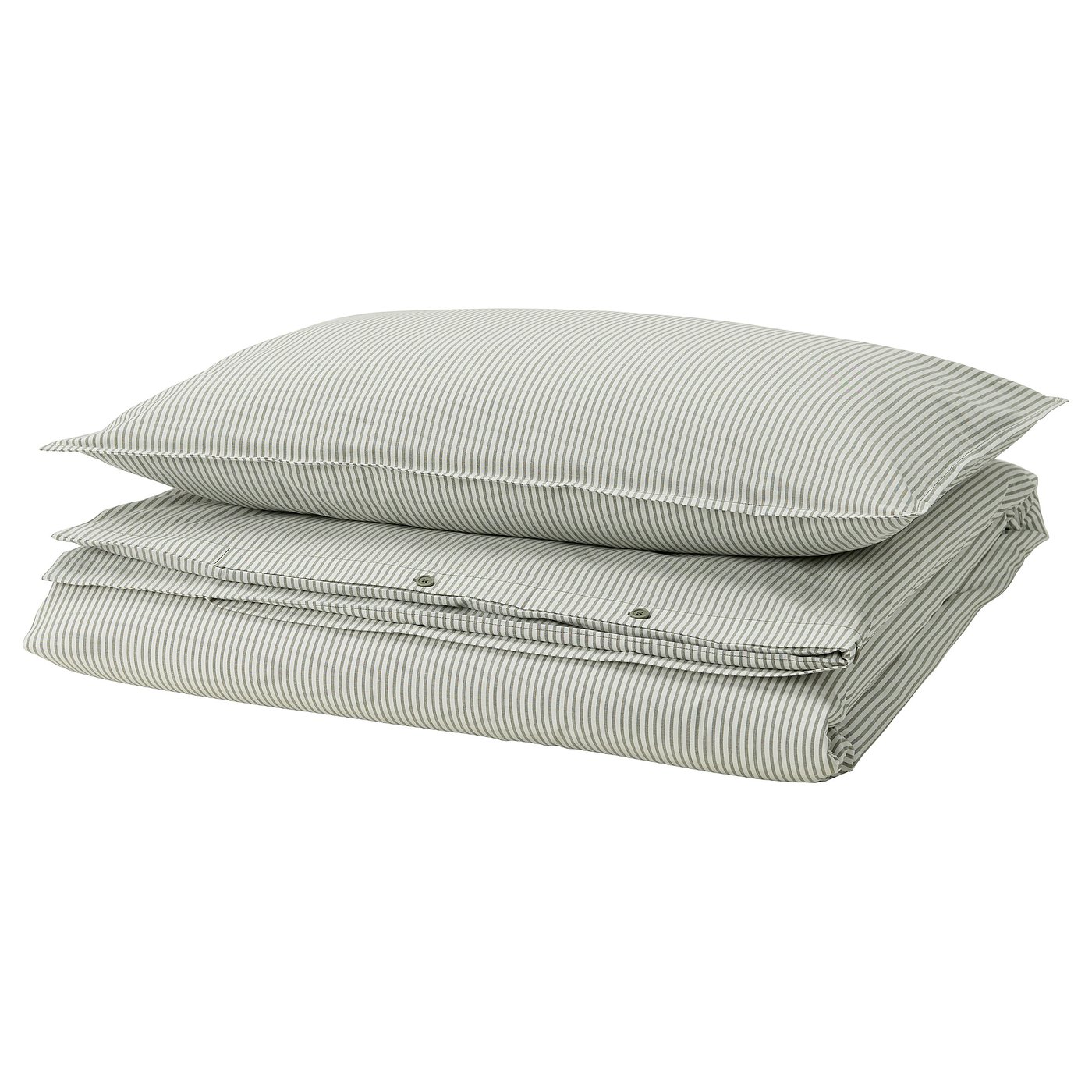 Stack of two green-striped cotton pillows with zip.