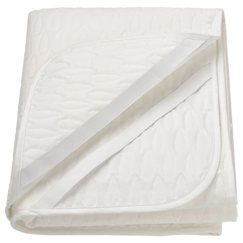 White mattress protector with elastic straps, waterproof layer, quilted design, rectangular.