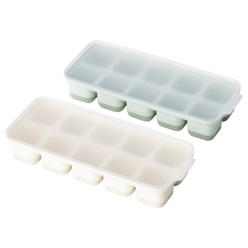 Two ice cube trays, light blue and white colours, rectangular shape with lids, made of polyethylene and polypropylene plastic, stacked together.