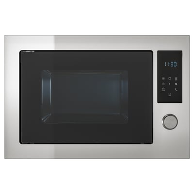 Stainless steel microwave with digital display and rotary dial. Sleek, modern design; ideal for kitchen use.