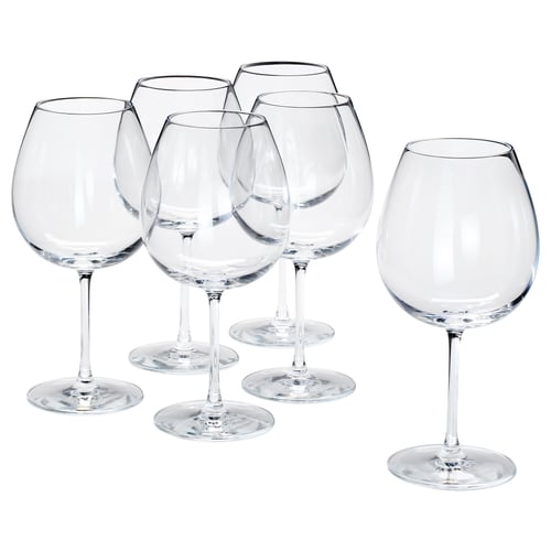 Six clear, crystalline STORSINT glasses in a group, shaped for wine, csae.