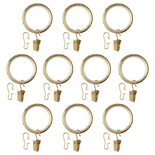 Gold SYRLIG curtain rings with clips/hooks. Made of steel, nickel-plated with smooth lining.