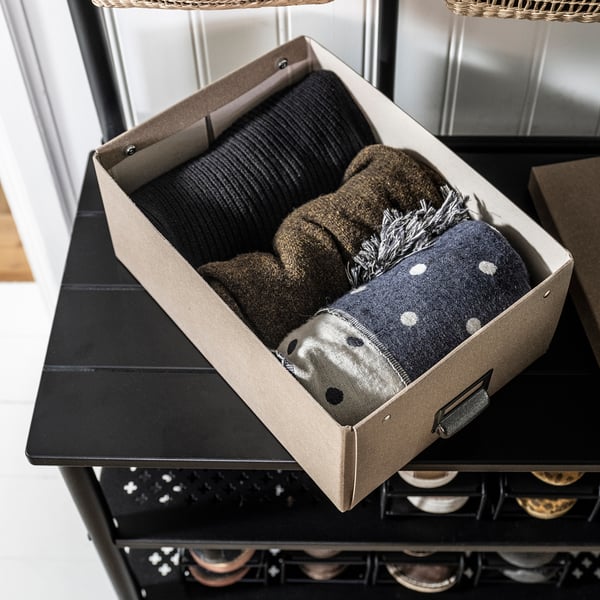 TJOG Storage box with lid, dark beige, 25x36x15 cm