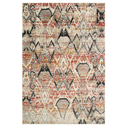 Bright, colourful geometric rug, red accents, rectangular, modern design, durable polypropylene.