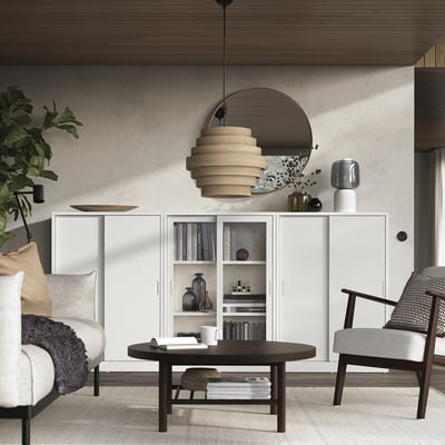 TONSTAD Storage combination w sliding doors, off-white/clear glass, 243x37x116 cm