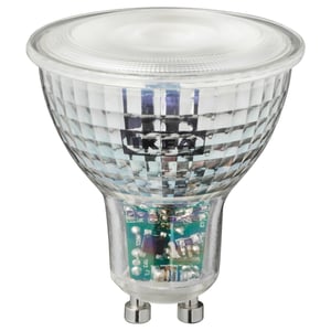 TRÅDFRI smart led light bulb, clear cover, polycarbonate plastic, classic globe shape, reflective design.