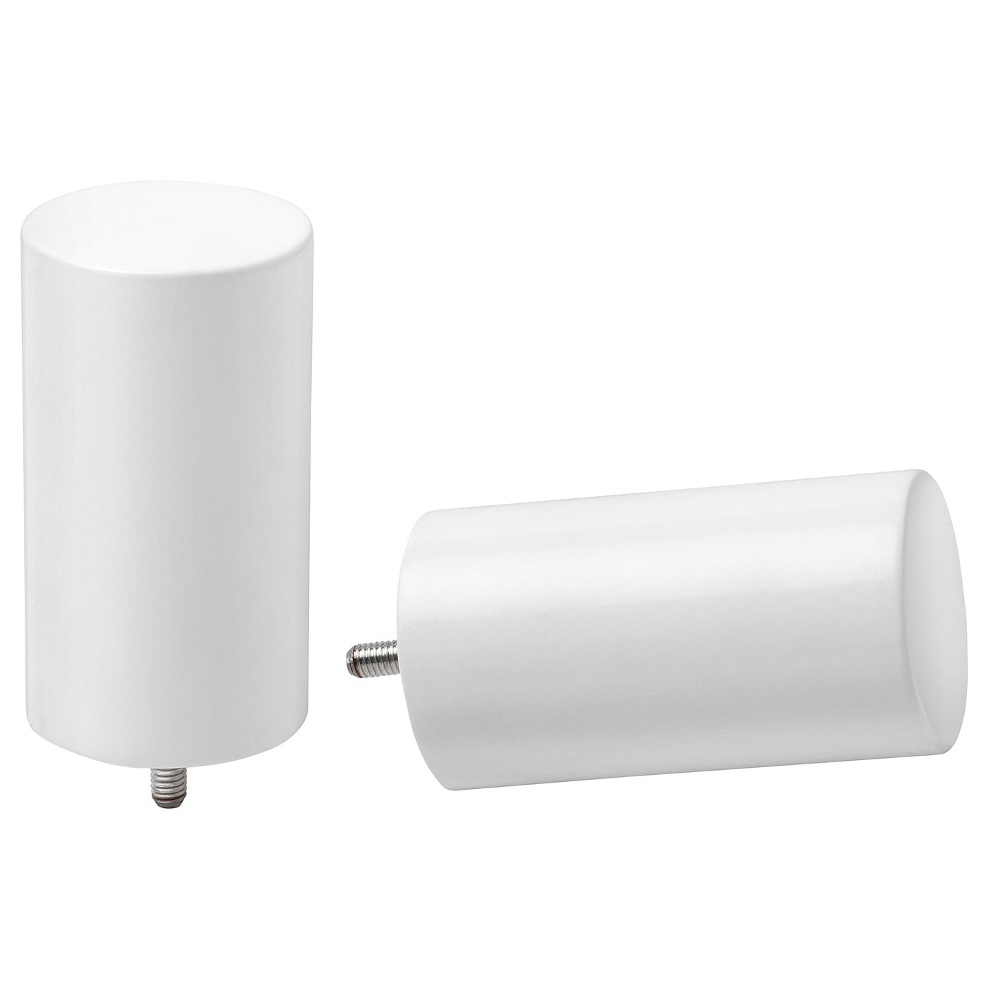 Two white, cylindrical curtain finials made of metal with a modern design. One is upright, the other lies horizontally.