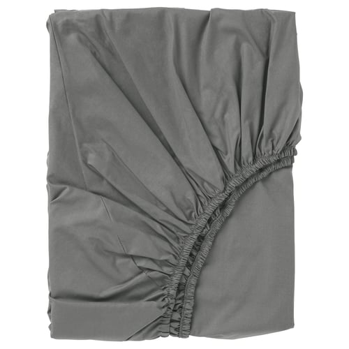 Grey, ruched fabric blend fitted sheet. Soft, breathable material in grey hue.