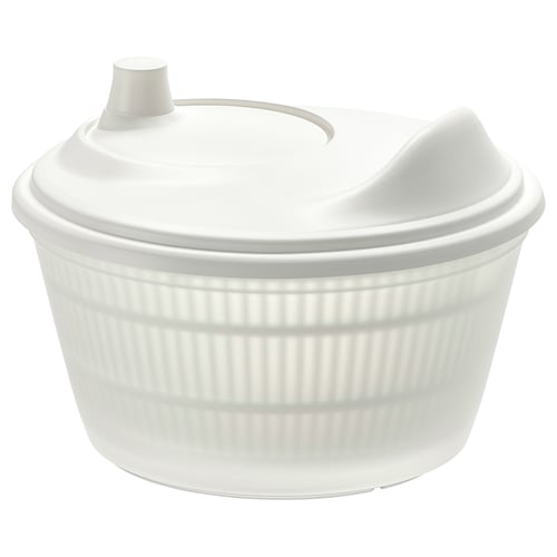 UPPFYLLD white salad spinner: round, ribbed bowl; lid with handle; plastic and rubber materials.