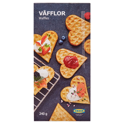 Ikea heart-shaped waffles box, showing waffles with various toppings, labeled VÅFFLOR.