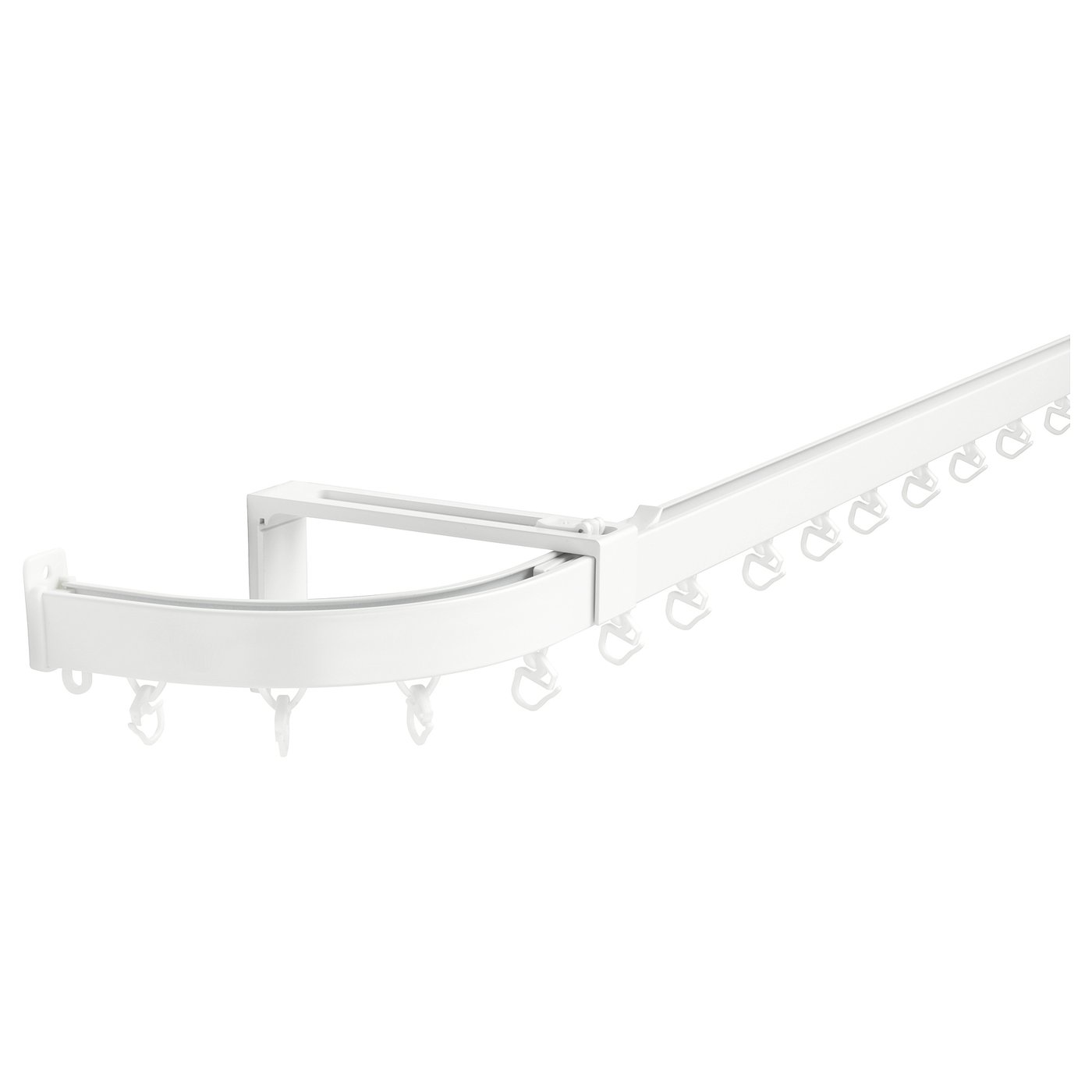Product: VIDGA. Curtain rail. White. Aluminium & plastic. Curved design. Corner connector.