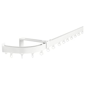 Product: VIDGA. Curtain rail. White. Aluminium & plastic. Curved design. Corner connector.