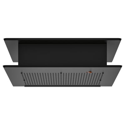 VIGGBO kitchen hood: rectangle shape, black, vented shelving for smartphones or recipes, charcoal philtre for fumes.