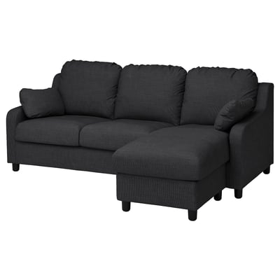 A grey VINLIDEN 3-seat sofa with chaise longue, featuring plush cushions and a cosy design. Suitable for lounging and easy to assemble.