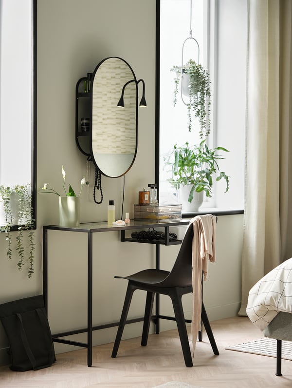 VITTSJÖ Laptop table, black-brown/glass, 100x36 cm