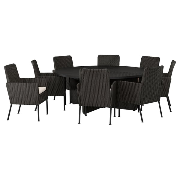 VITTSKÄR Table and 8 chairs, outdoor plastic rattan dark grey/Frösön/Duvholmen beige, 187 cm