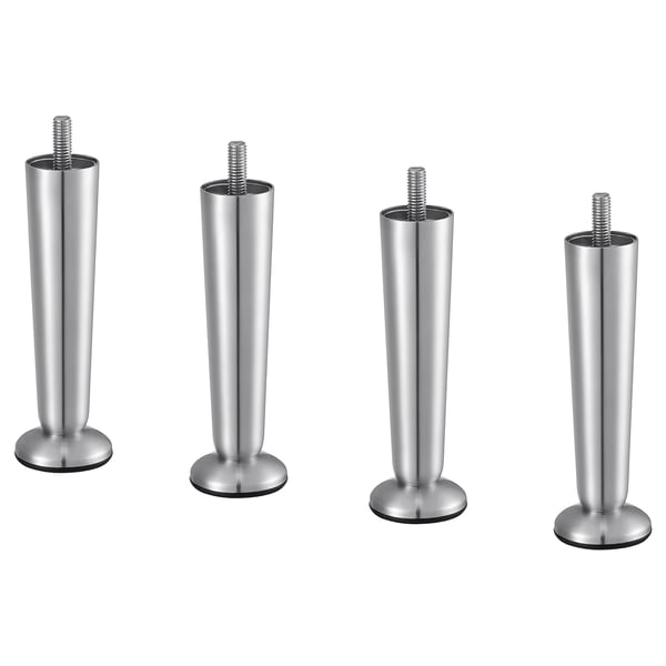Four stainless steel furniture legs, each with a cylindrical shape and threaded top, arranged in a row.