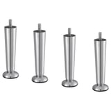 Four stainless steel furniture legs, each with a cylindrical shape and threaded top, arranged in a row.
