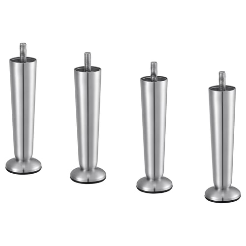 Four stainless steel furniture legs, each with a cylindrical shape and threaded top, arranged in a row.