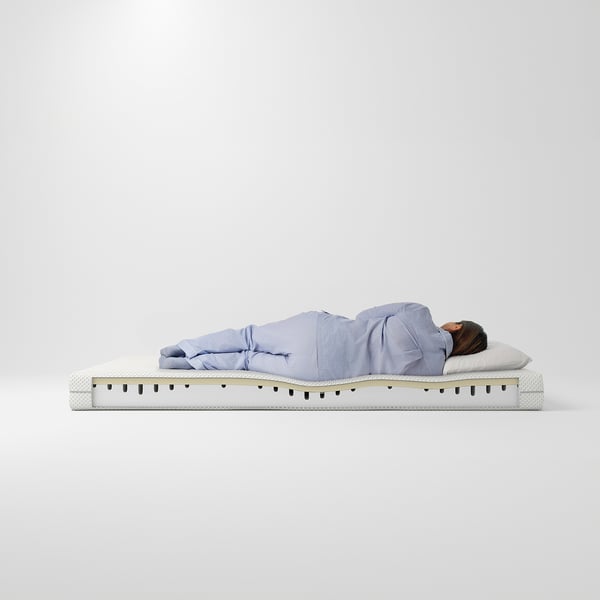 Person sleeping on light blue ÅBYGDA mattress, white pillow, medium-firm foam, roll-packed, comfort zones.