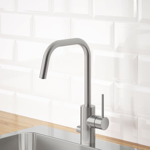A modern, stainless steel kitchen faucet with a high arc spout, designed for water and energy efficiency.