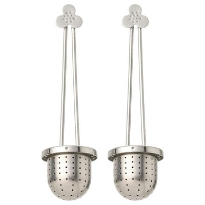 Two ÄNGSBLÅVINGE tea infusers, silver, stainless steel, round with long handles and flower-shaped tops.
