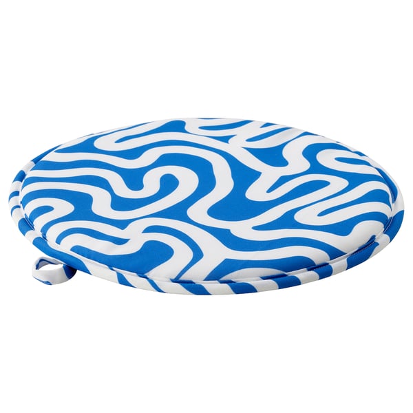 Blue & white swirled round chair pad, recycled polyester.