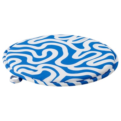 Blue & white swirled round chair pad, recycled polyester.