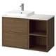 Modern bathroom vanity: ÄNGSJÖN. Brown oak, marble top, open & closed storage, sleek handles.