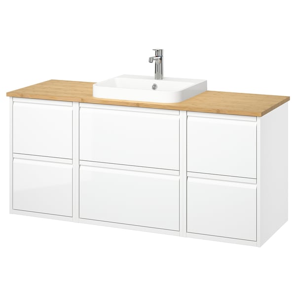 Modern white bathroom vanity, wooden countertop, 3 drawers, square sink, sleek design.