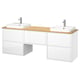 Modern white dual sink vanity with wooden top, two sleek bowls, wall-mounted, multiple drawers for storage and open center.