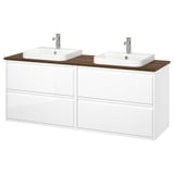 ÄNGSJÖN: white dual wall-mounted vanity with wood top, two square sinks, chrome faucets.