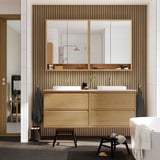 Modern oak ÄNGSJÖN double vanity with mirrors and towel hooks.