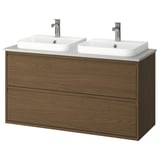 A stylish dual vanity unit named ÄNGSJÖN. It has a wooden finish and two rectangular sinks with chrome faucets. The design is sleek and modern.