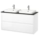 Option: A white ÄNGSJÖN vanity with two square basins in a sleek, modern design.