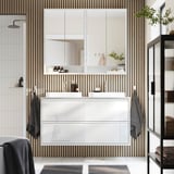 ÄNGSJÖN bathroom cabinet with 2 sinks, sleek drawers, minimalist design, tall, mirrored.