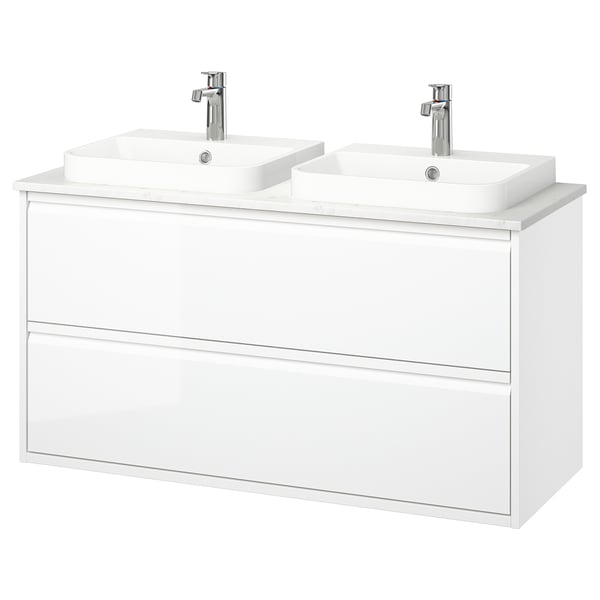 White ÄNGSJÖN dual vanity, sleek modern design with two sinks.