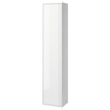 A tall, sleek white bathroom cabinet with a glossy finish and minimalist design. It stands vertically and has integrated handles.