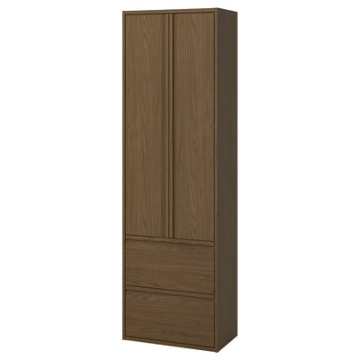 Brown-grey wooden bathroom storage cabinet with drawers and doors, minimalist style.