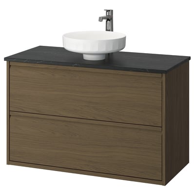 ÄNGSJÖN bathroom vanity: walnut wood, dark marble countertop, circular white basin, two drawers.