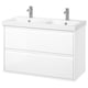 Option: Its a white, wall-mounted dual sink bathroom vanity with modern design, two drawers, and chrome faucets.