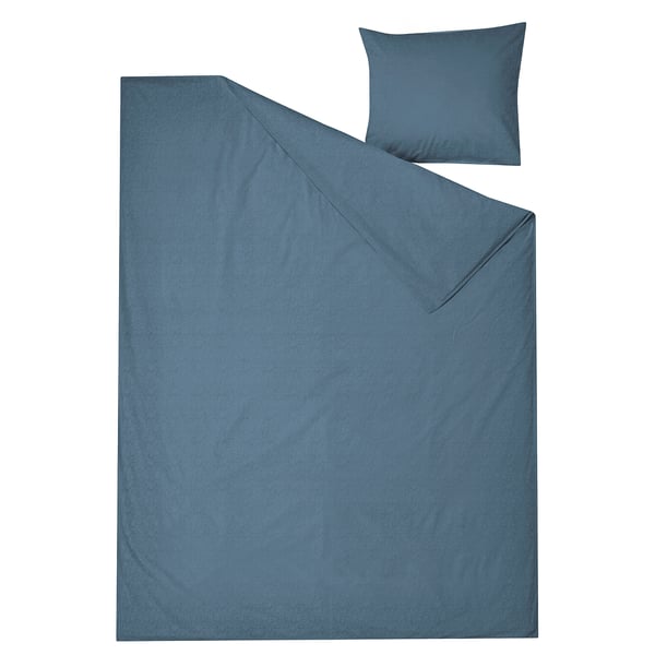 Displays a blue ÄNGSLILJA bedding set with a duvet cover and pillowcase. The set is made from recycled cotton, featuring a plain design.