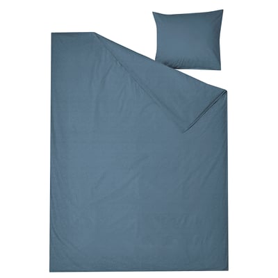 Displays a blue ÄNGSLILJA bedding set with a duvet cover and pillowcase. The set is made from recycled cotton, featuring a plain design.